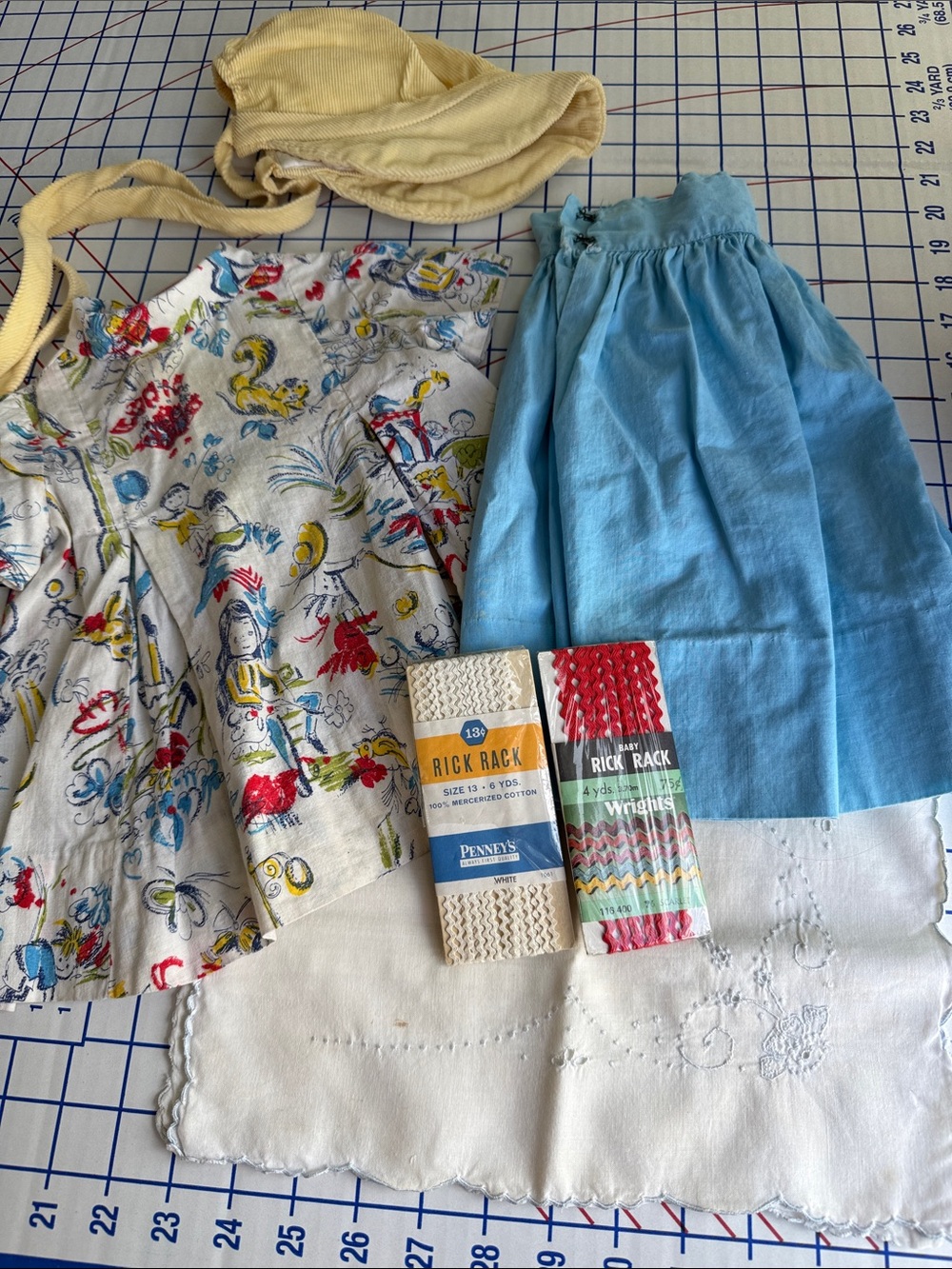 Vintage Sewing Cutter Lot Child Dress Bonnet Pillowcase Rick Rack Fabric Crafts